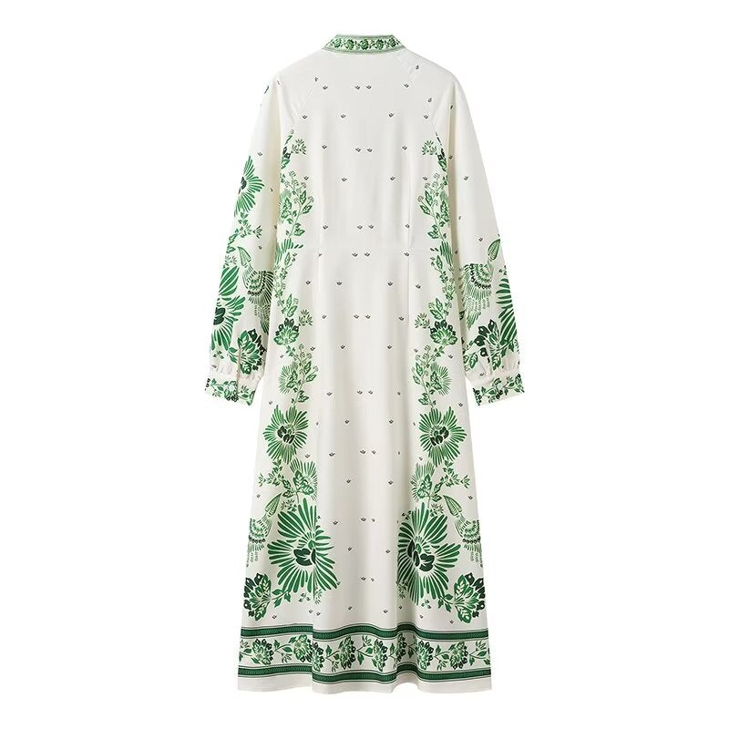 Elegant Print Women Maxi Dress Single Breasted Stand Collar Loose Dress Ladies Long Sleeve Robe