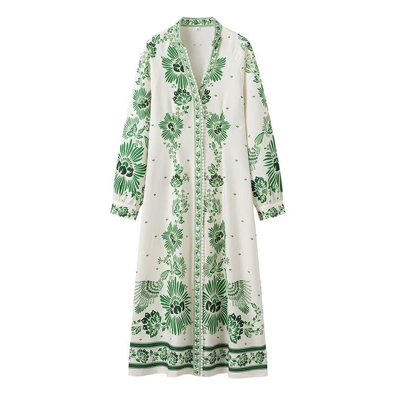 Elegant Print Women Maxi Dress Single Breasted Stand Collar Loose Dress Ladies Long Sleeve Robe