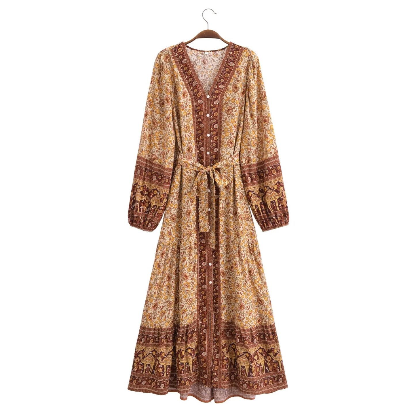 V Neck High Waist Rayon Printing Loose Fitting Long Sleeve Maxi Dress