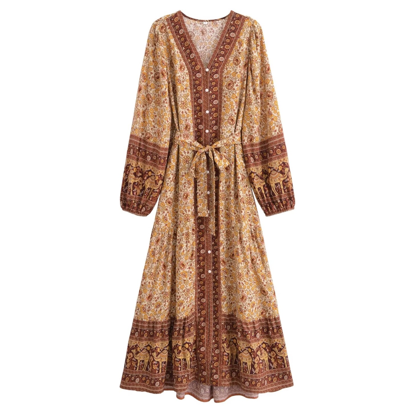 V Neck High Waist Rayon Printing Loose Fitting Long Sleeve Maxi Dress