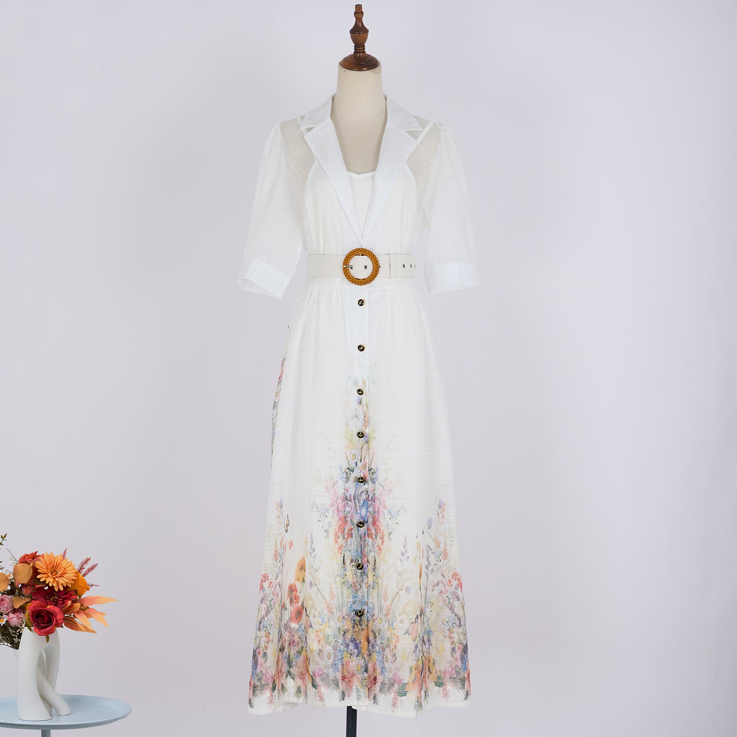 Robe d'été deux pièces à manches courtes et ceinture florale pour femmes