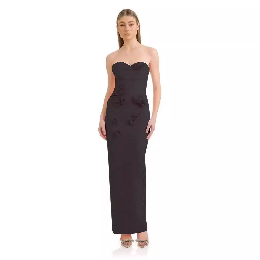 Robe d'été à bandes florales tridimensionnelles, haut tubulaire, robe de soirée noire Simple