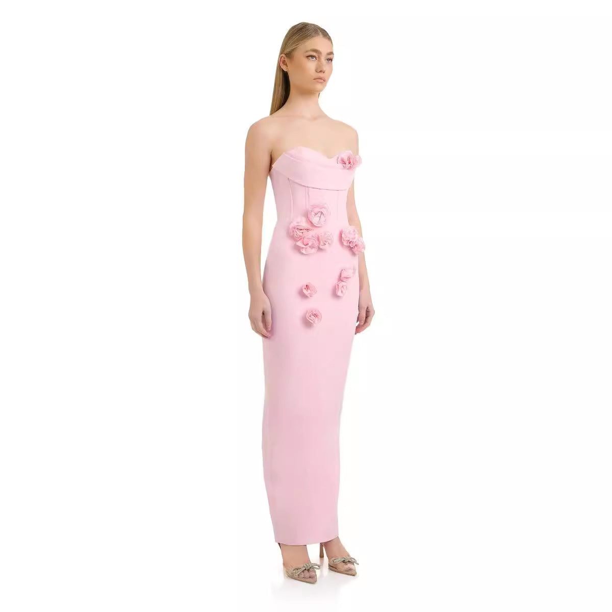 Robe d'été à bandes florales tridimensionnelles, haut tubulaire, robe de soirée noire Simple