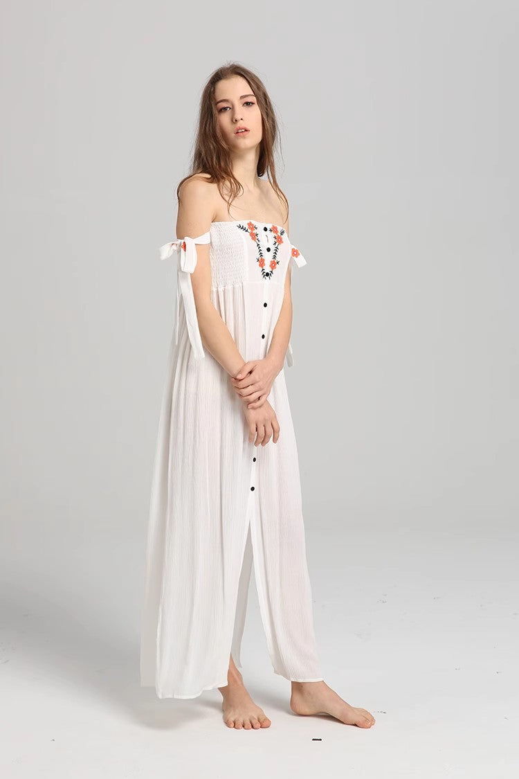 Robe d'été sans manches à boutons brodés et à fleurs pour femmes