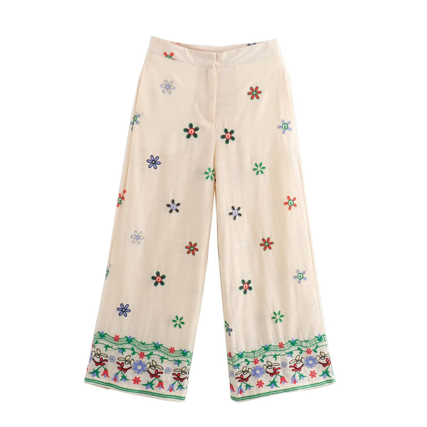 Conjunto de pantalones de pierna recta con camisa bordada con flores para mujer