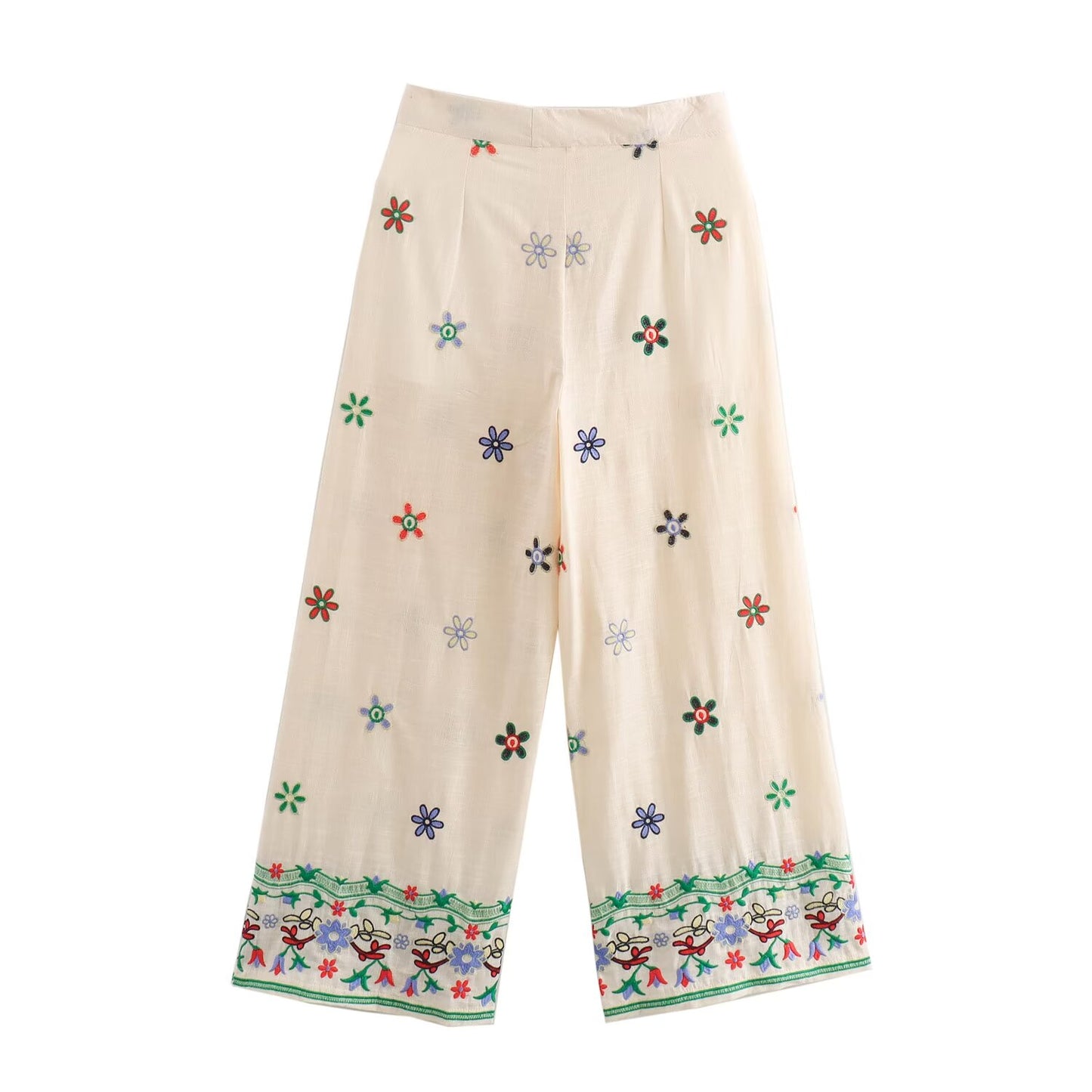 Conjunto de pantalones de pierna recta con camisa bordada con flores para mujer