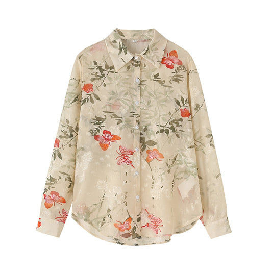 Ropa de mujer Primavera Casual Camisa de manga larga con cuello y estampado floral