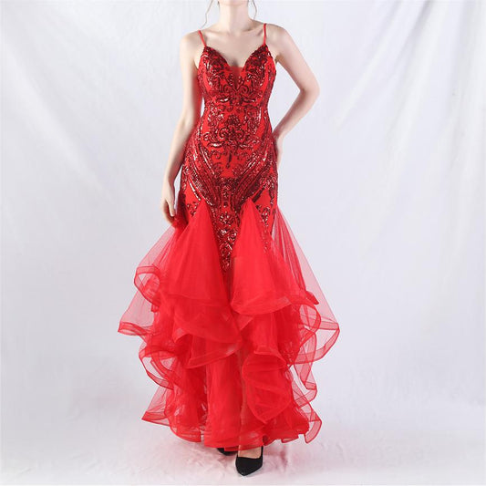 Hard Mesh Positioning Floral Sequin Stitching Mesh Dance Celebration Performance Dress