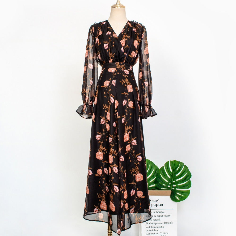 V-neck floral long sleeve dress