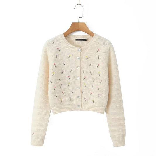 Doux élégant Rose broderie doux pulls Cardigan manteau femmes haut court