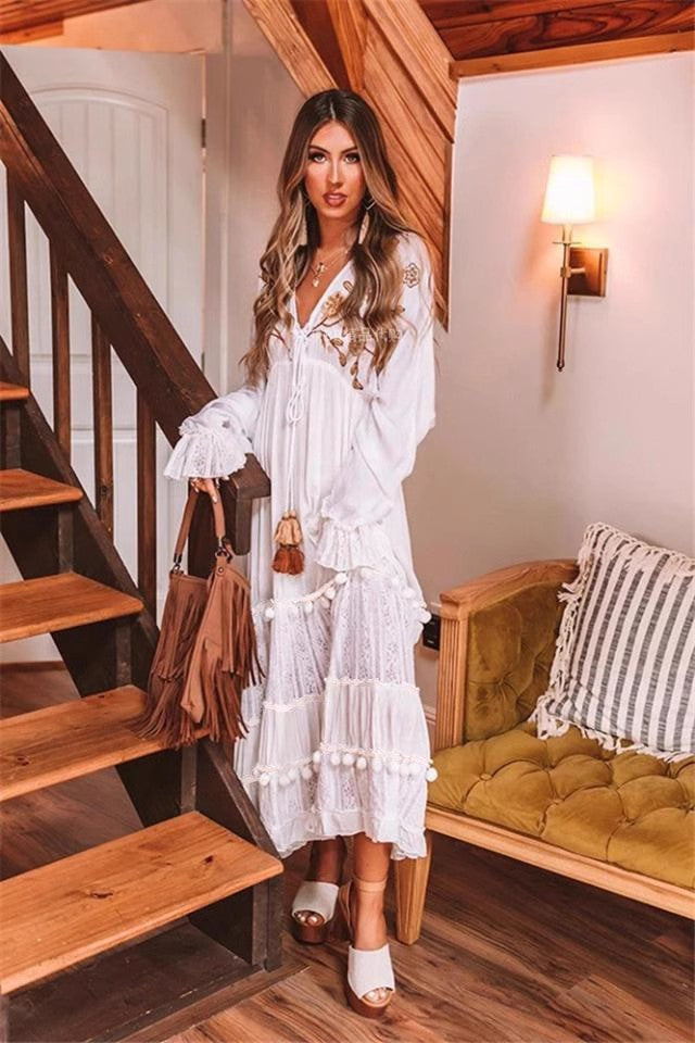 Women Spring Long Sleeve Dress With Floral Embroidery A Line Dress