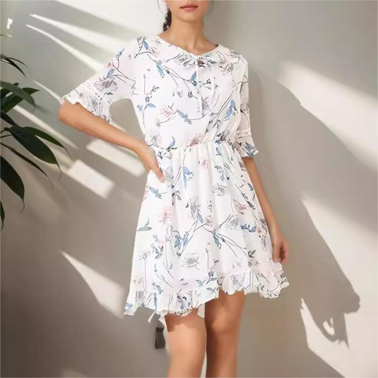 Ropa de mujer Vestido de gasa floral dulce de verano Manga acampanada Corte ajustado Todo a juego Vestido acampanado