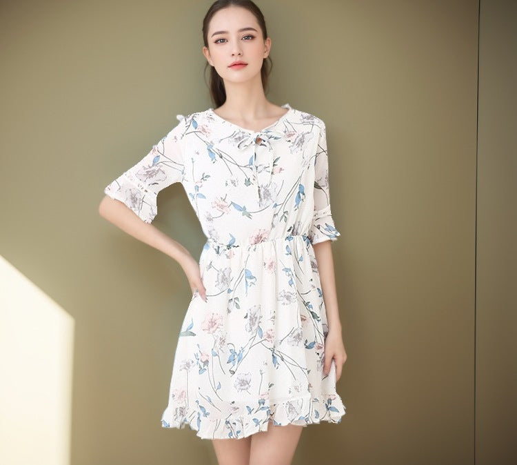 Ropa de mujer Vestido de gasa floral dulce de verano Manga acampanada Corte ajustado Todo a juego Vestido acampanado