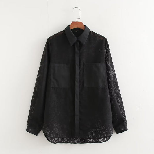 Women Spring And Autumn Lace Stitching Shirt