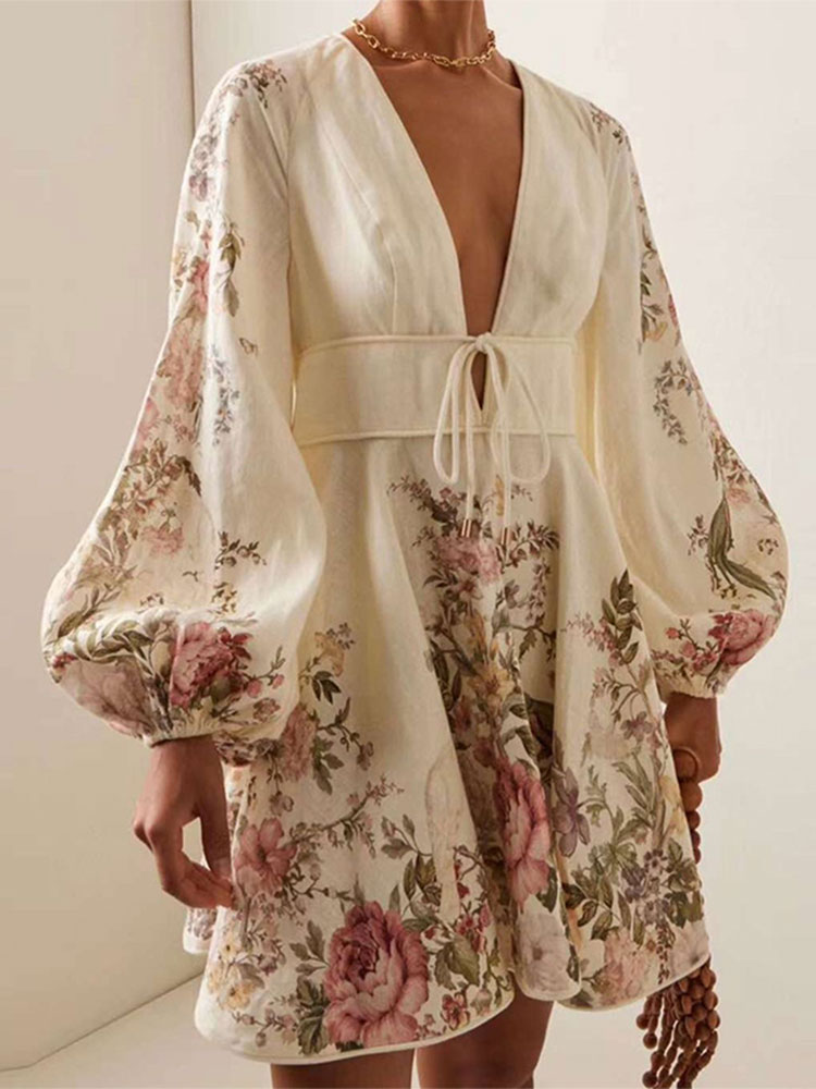 Robe à imprimé floral à col en V, taille contrôlée, manches longues, robe courte, mondaine