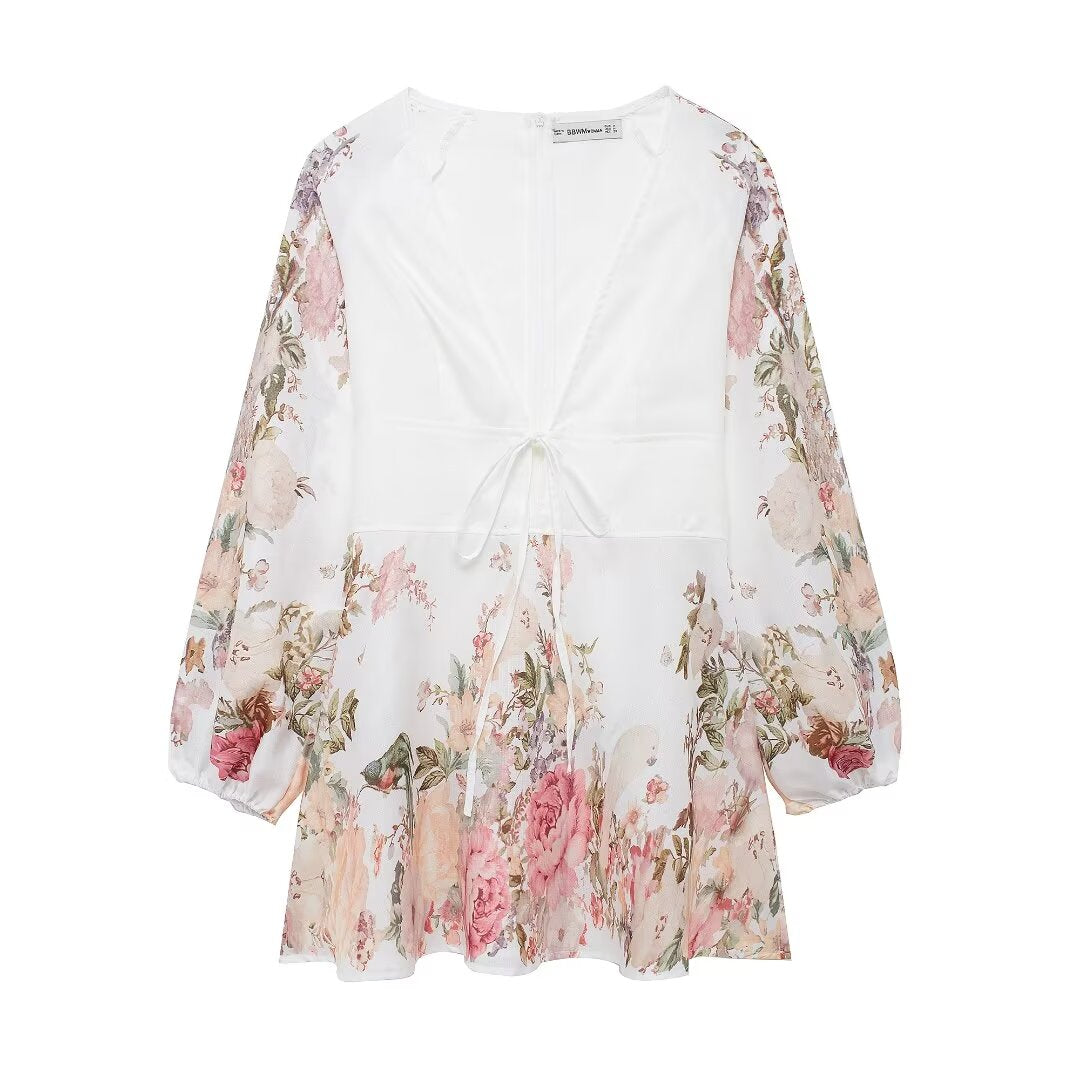 Robe à imprimé floral à col en V, taille contrôlée, manches longues, robe courte, mondaine