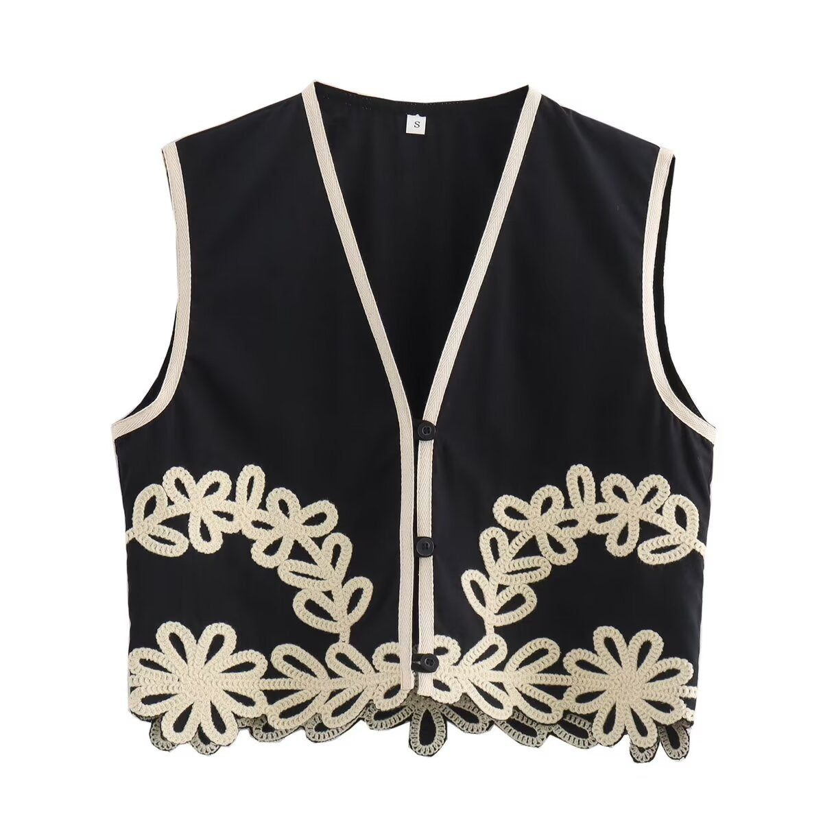 Summer Embroidery Short V neck Vest Three Piece Embroidered Trousers Set