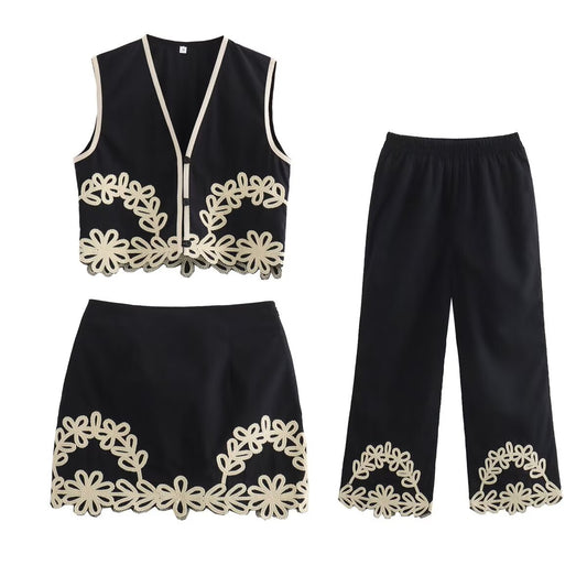 Summer Embroidery Short V neck Vest Three Piece Embroidered Trousers Set