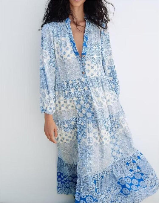 Summer Printing Layered Stitching Long Sleeve Loose Dress