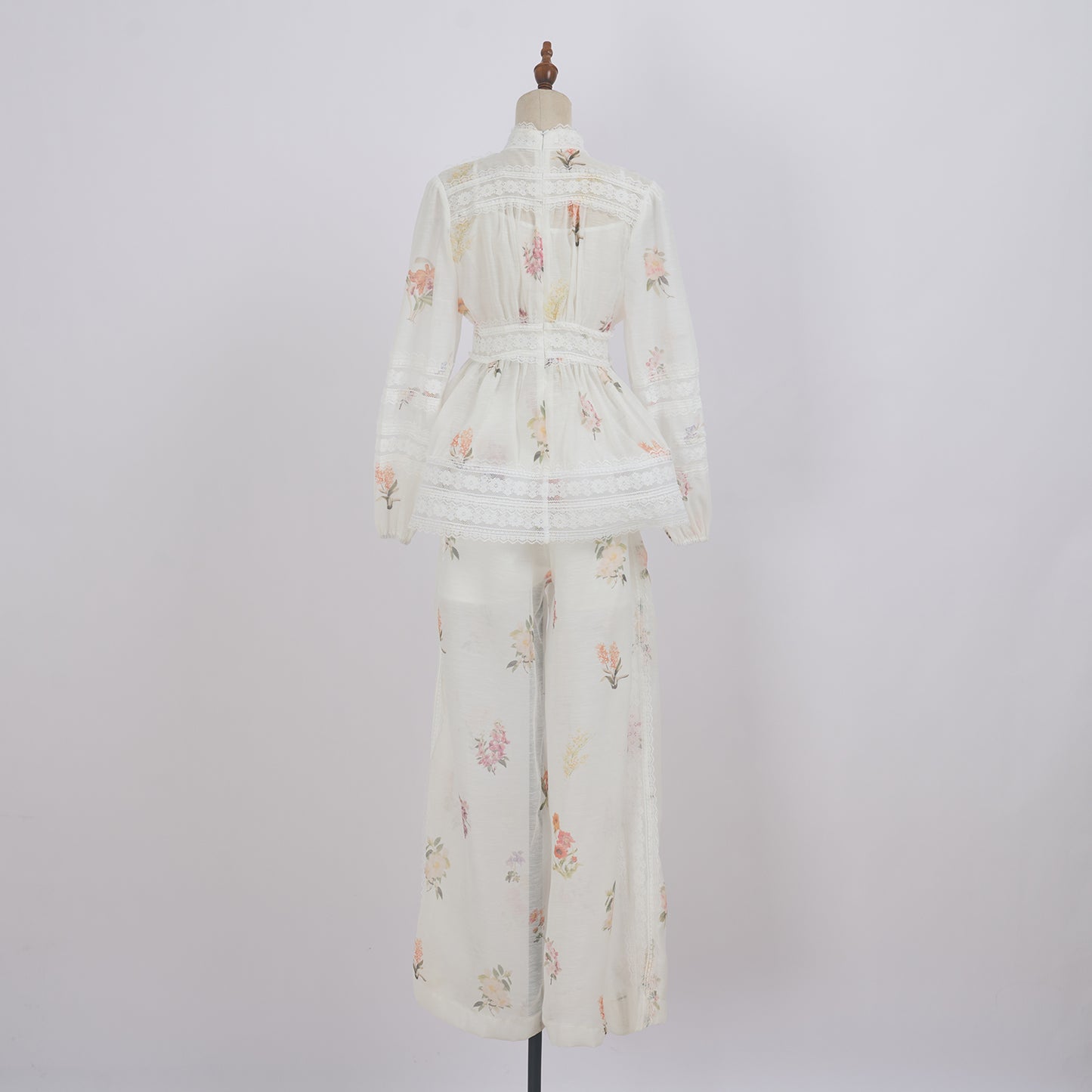 V Neck Lace Patchwork Printed Doll Coat Wide Leg Pants Suit