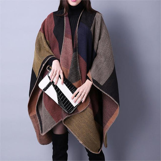 Autumn Winter Scarf Lattice Ladies Travel Shawl Ethnic Split Thickened Cape