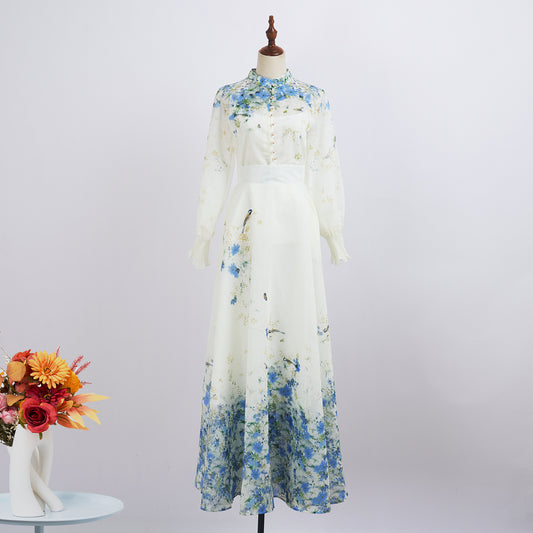 Lantern Long Sleeve Printed Shirt High Waist Large Swing Long Skirt Elegant Suit