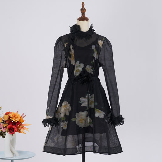 Robe élégante et douce à imprimé floral tridimensionnel à lacets