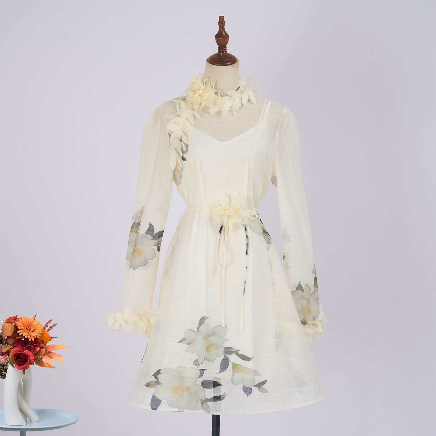 Robe élégante et douce à imprimé floral tridimensionnel à lacets