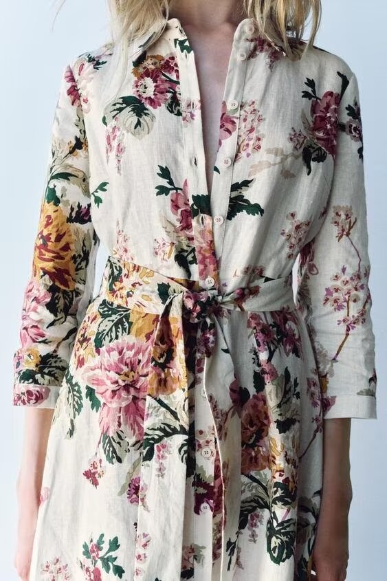 Vestido camisero de lino con estampado floral de verano