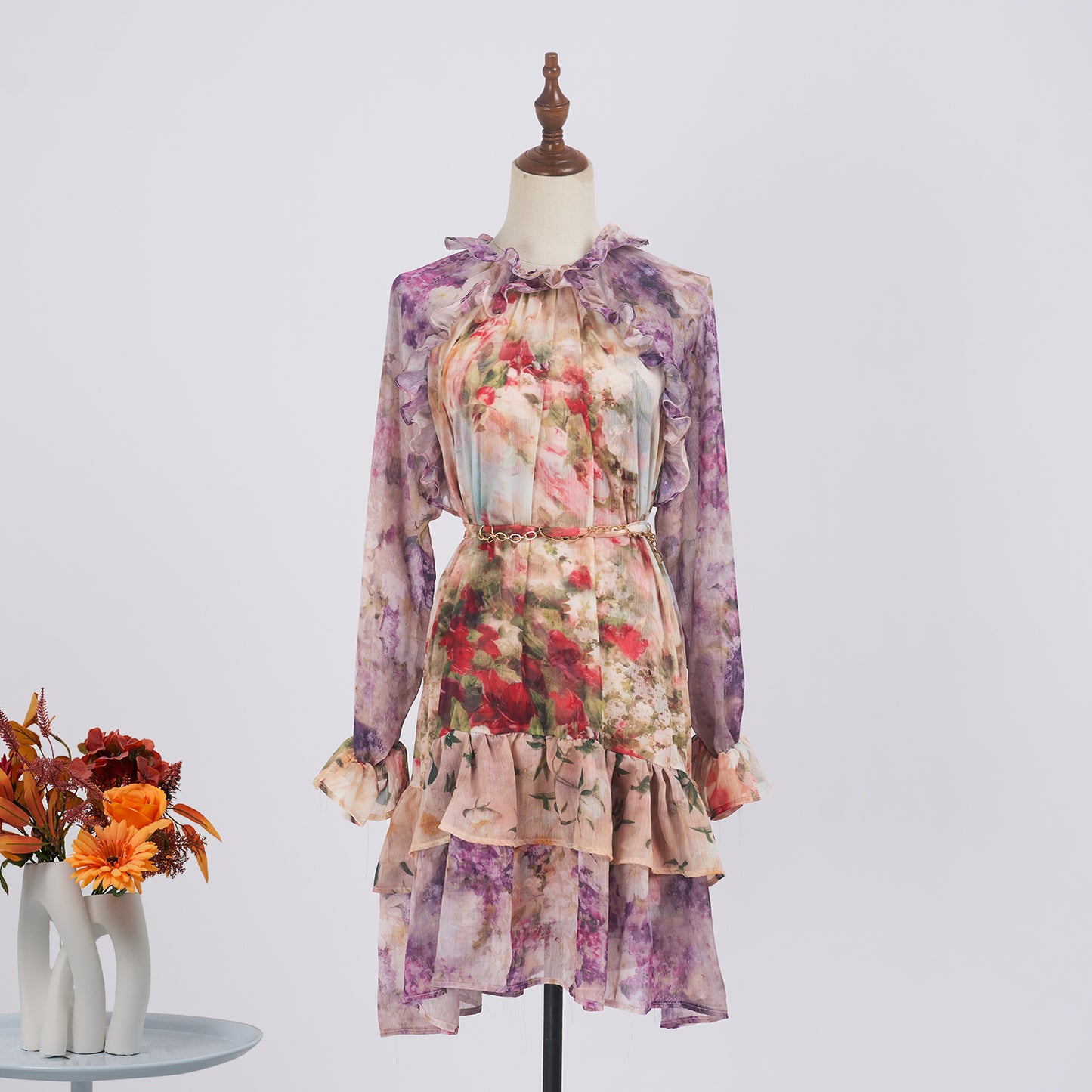 Robe en soie florale à volants Printemps Manches longues Taille serrée Robe de mode élégante haut de gamme