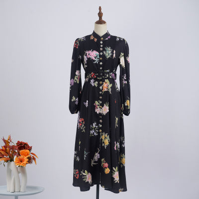 Women Spring Long Sleeve Floral Single Breasted Dress Long Print With Belt Dress