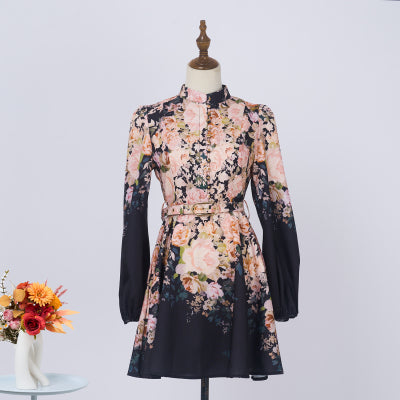 Autumn Flower Buckle Lantern Sleeve Short Dress