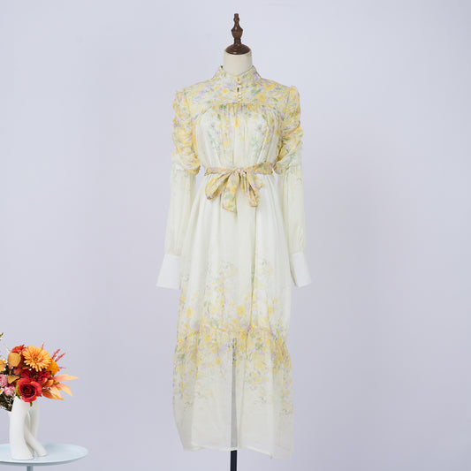 Women Spring And Autumn Stand Collar Long Sleeve Tie Waist Colorful Flower Long Dress