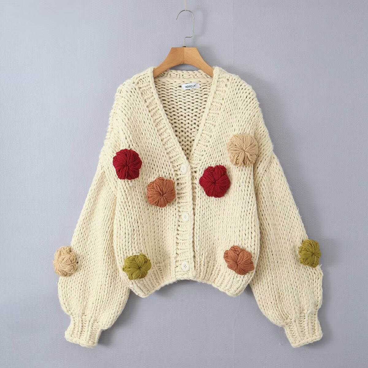 Thick Needle Floral Decorative Cardigan Women Loose-Fitting Comfortable Sweater