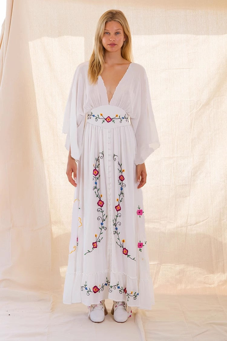 Floral V Neck Embroidered Dress Dress