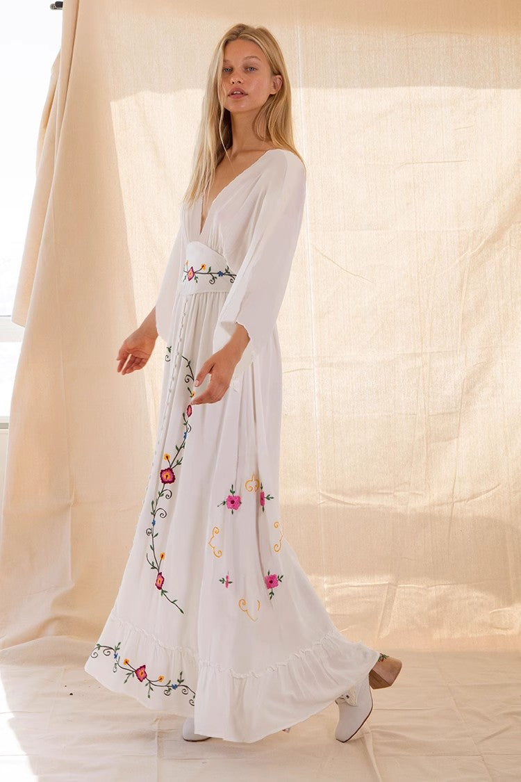 Floral V Neck Embroidered Dress Dress