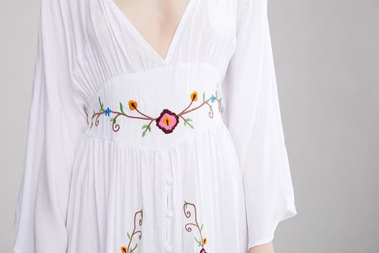 Floral V Neck Embroidered Dress Dress