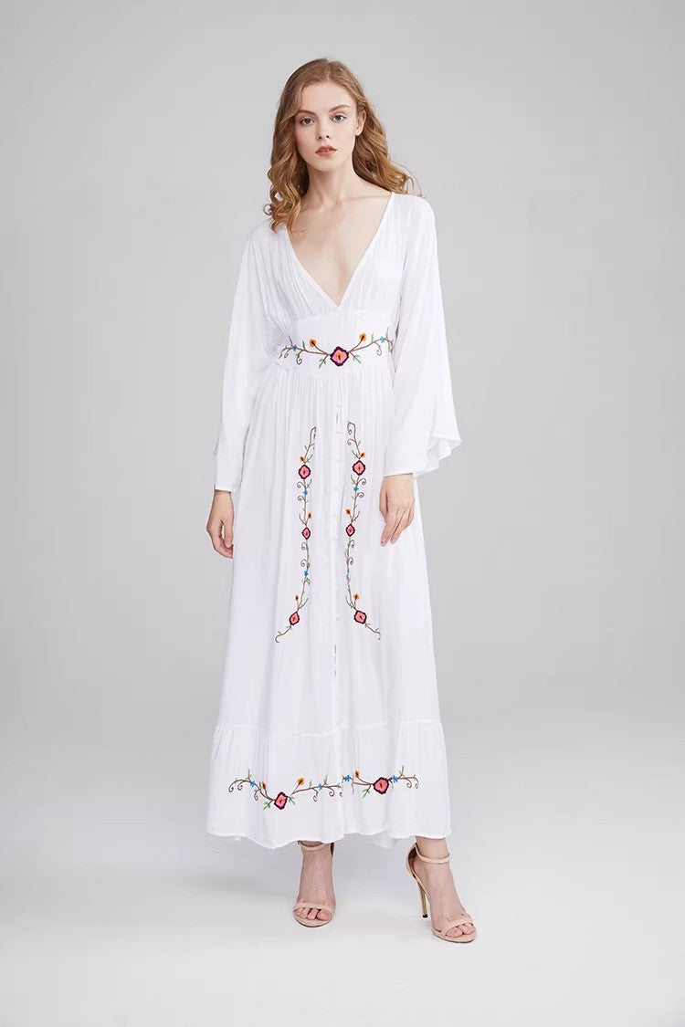 Floral V Neck Embroidered Dress Dress