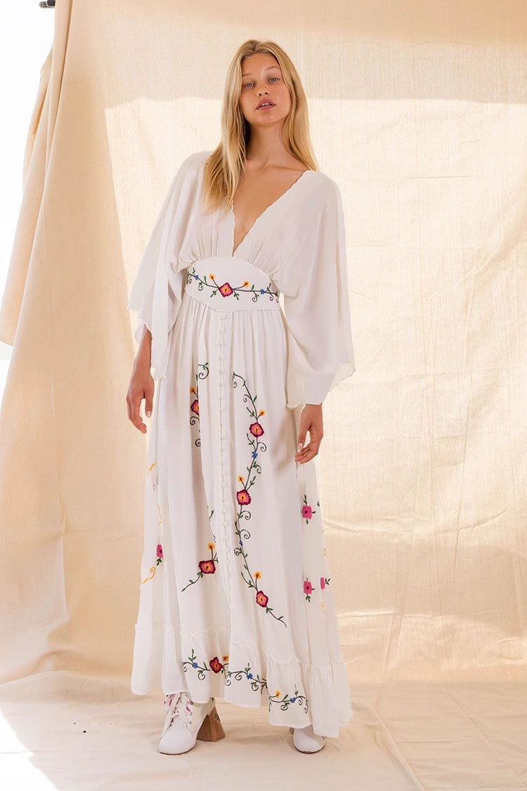 Floral V Neck Embroidered Dress Dress