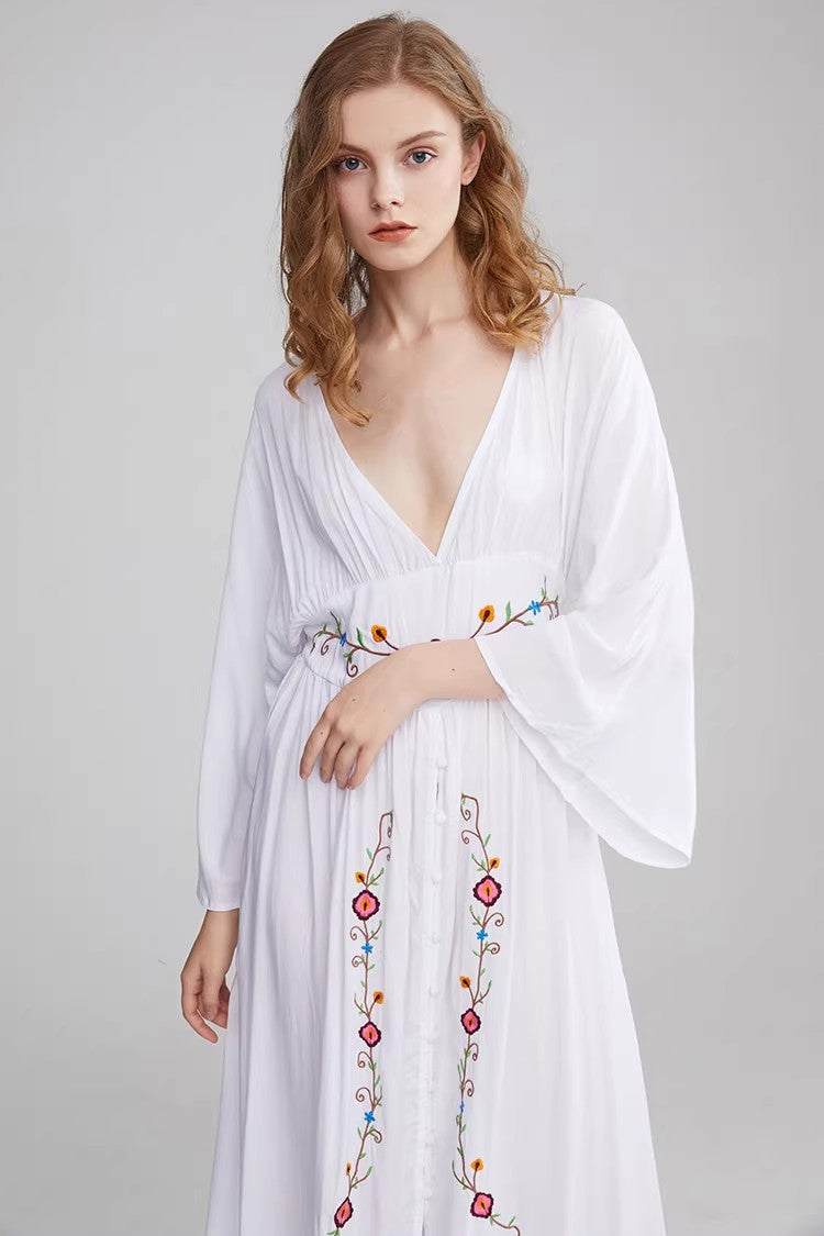 Floral V Neck Embroidered Dress Dress