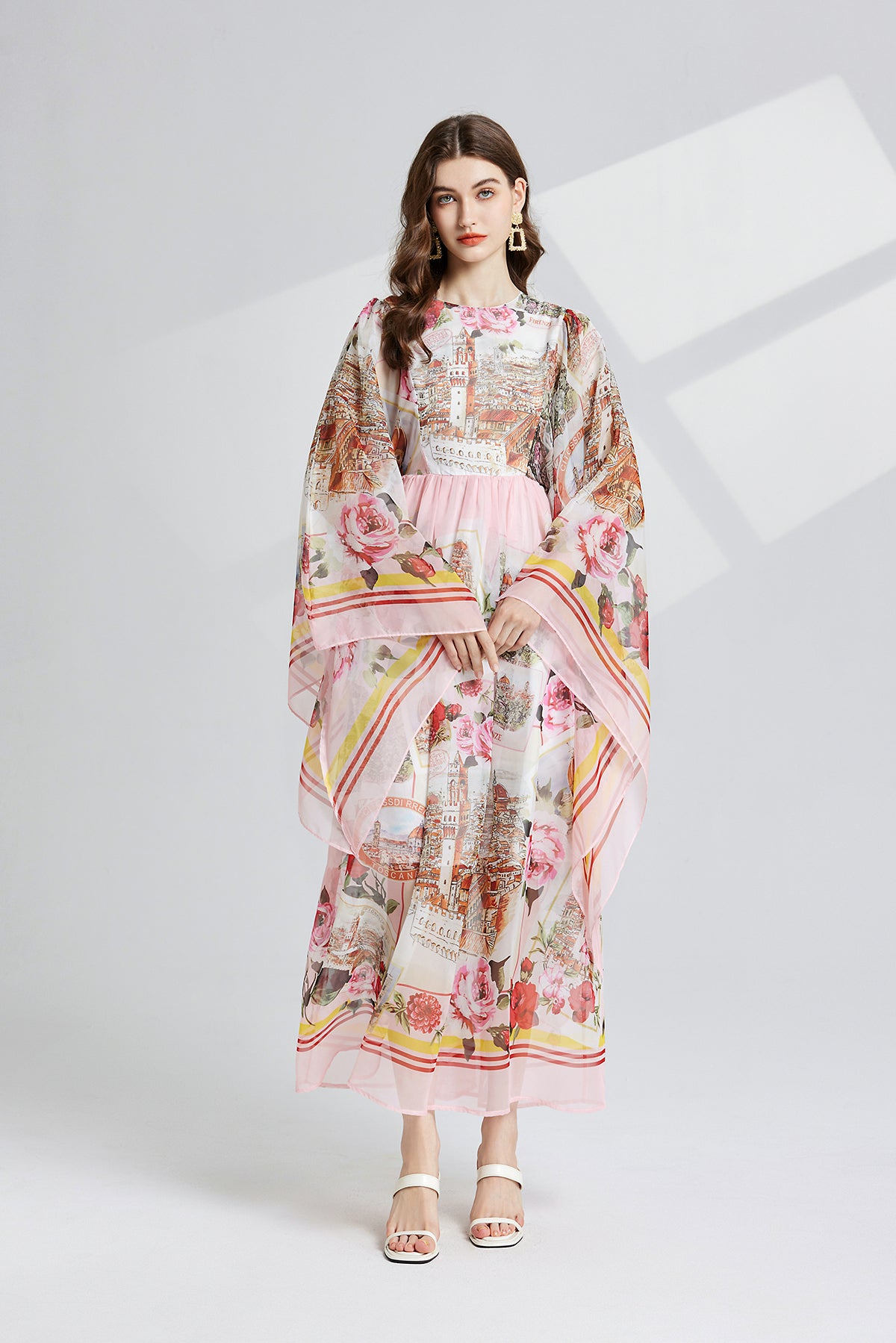 Vintage Palace Style Trumpet Long Sleeved Loose Printed A Line Large Swing Dress Tencel Long Dress