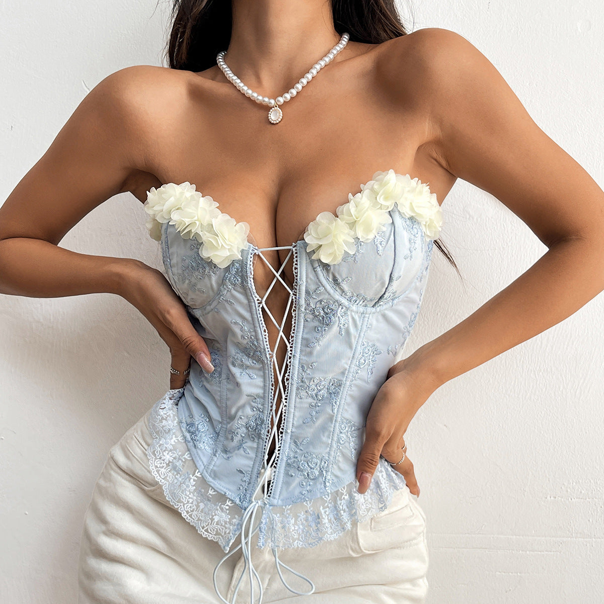 Broderie Couture Fait Main Floral Sexy Dentelle Volants Garniture À Lacets Corset Désossage Corset Gilet