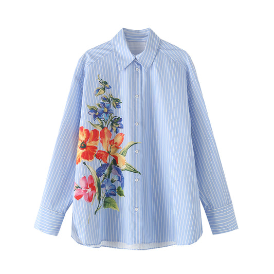 Chemise rayée à imprimé floral simple et tendance pour femme, vêtement d'automne