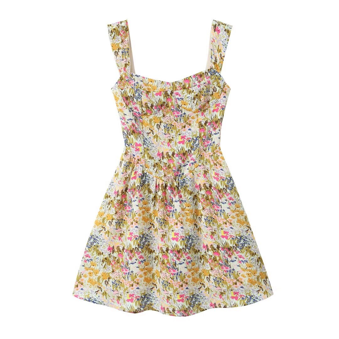 Robe d'automne pour femme, petit imprimé floral, sexy, col en forme de cœur, taille serrée, bretelles amincissantes