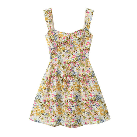 Vestido ajustado con tirantes y cuello en forma de corazón para mujer, ropa de otoño con estampado floral pequeño