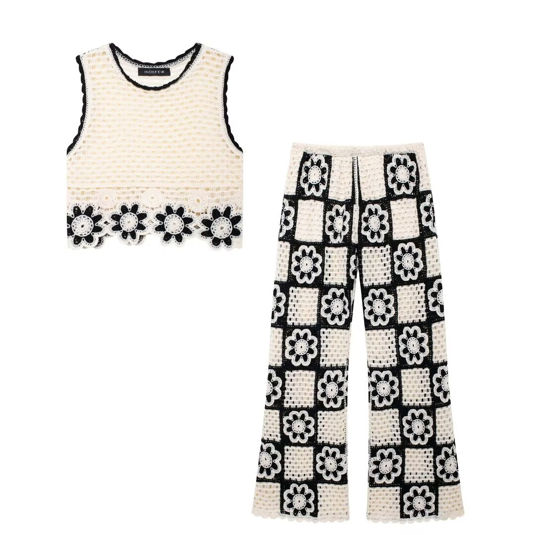 Autumn Crocheted Sleeveless Top Color Matching Knitted Wide Leg Pants Suit