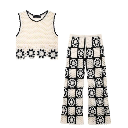 Autumn Crocheted Sleeveless Top Color Matching Knitted Wide Leg Pants Suit