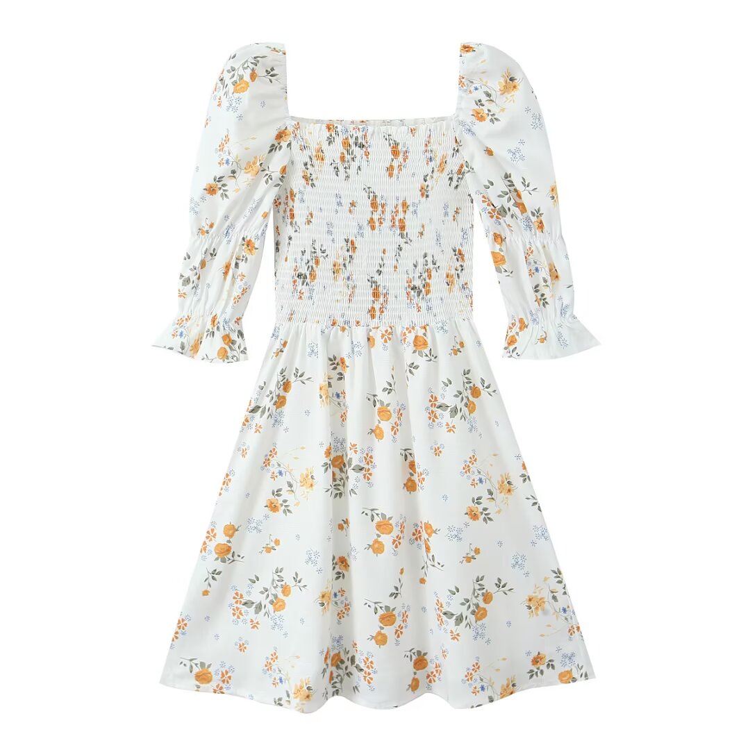 Robe d'été à manches bouffantes plissées et imprimée à la française