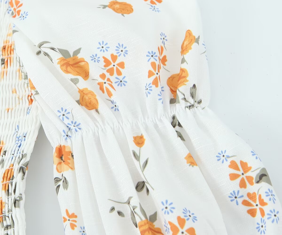 Robe d'été à manches bouffantes plissées et imprimée à la française