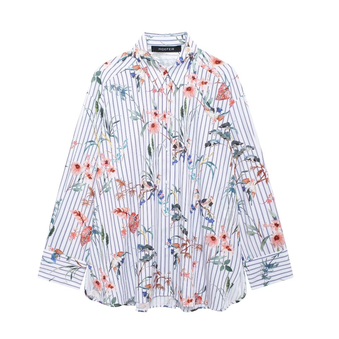 Fall Women Clothing Print Striped Poplin Shirt